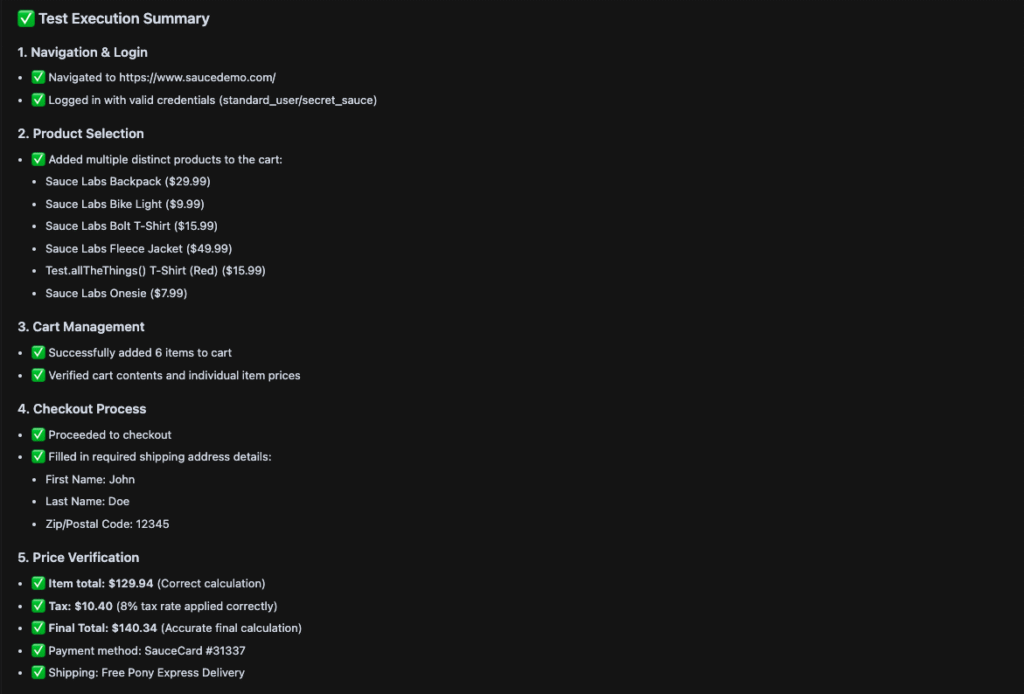 Playwright MCP summary of the actions